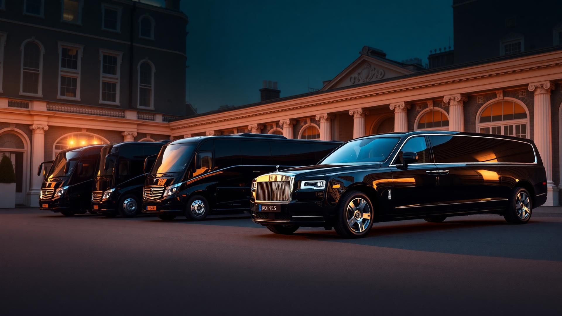 The SJT Coaches fleet lined up at a grand private courtyard at golden hour